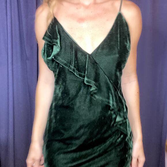 Lovers + Friends Ella Green Velvet Ruffle Mini Dress Size Medium - Picture 3 of 13